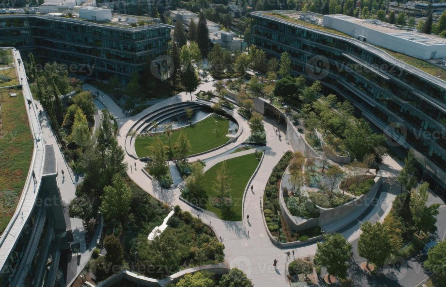 modern-urban-landscape-with-green-spaces-and-contemporary-architecture-surrounded-by-trees-and-walking-paths-in-daylight-photo